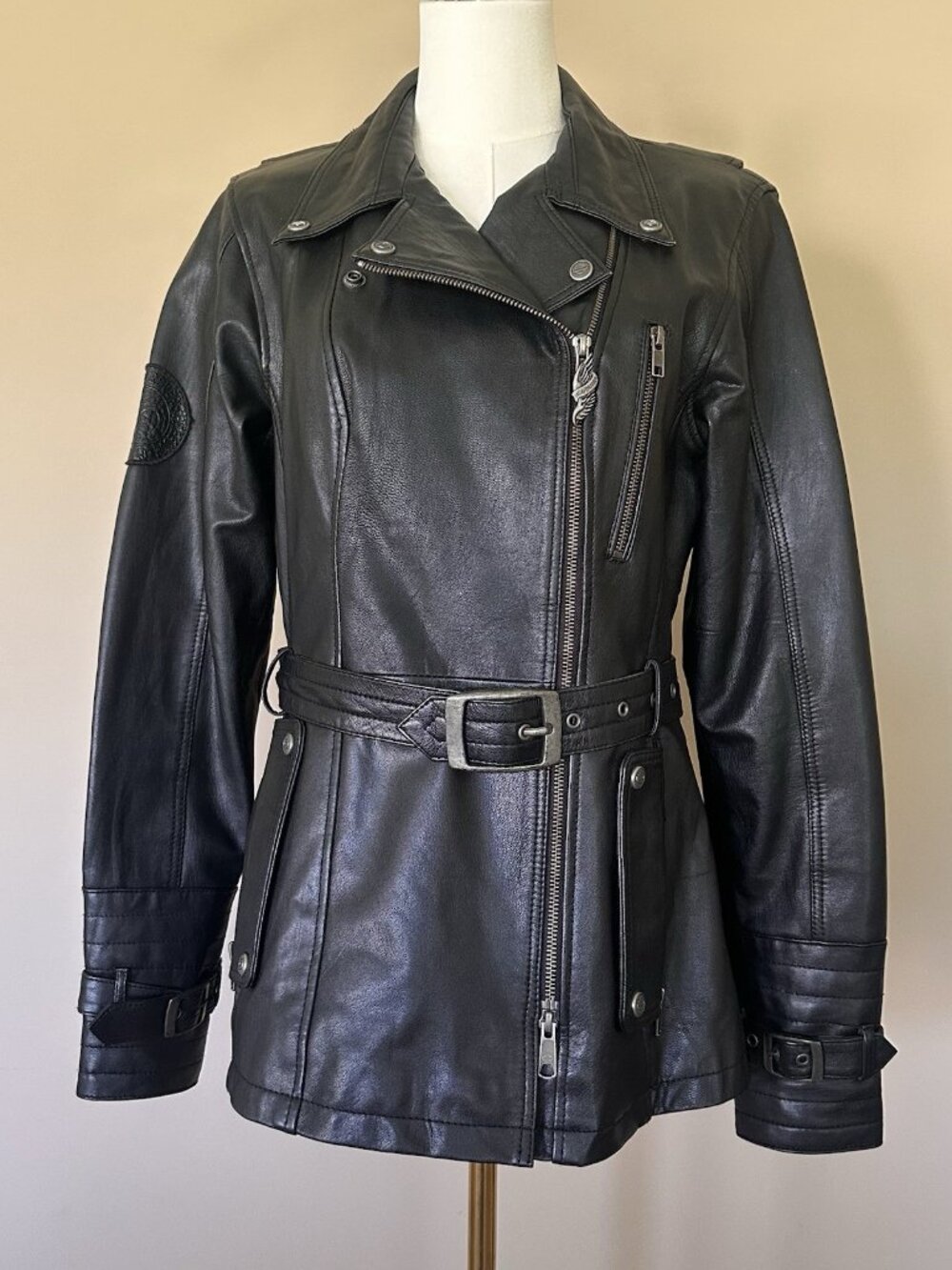 Harley Davidson Women M Black Leather Riding Jacket Belted Moto Zip Coat Biker